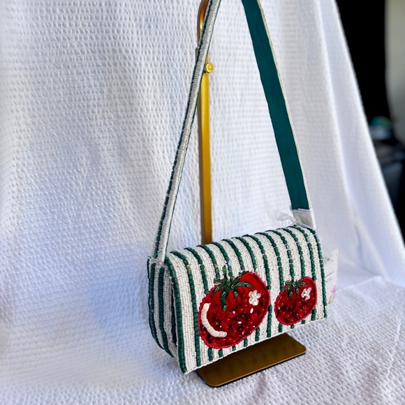 Beaded Red Tomato Green Stripes Shoulder Bag | Cottagecore Summer Vacation | NWT - Picture 7 of 8